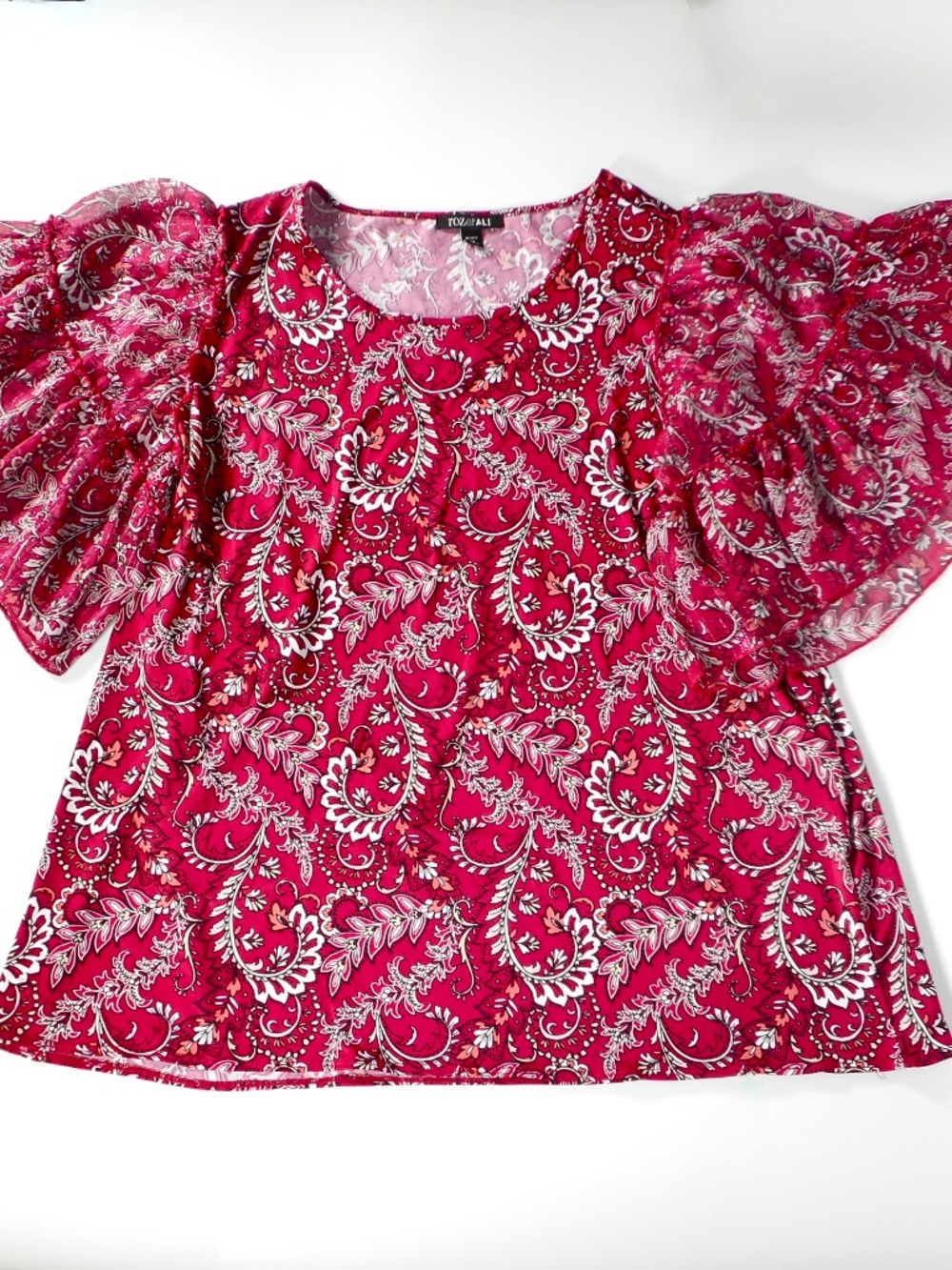 Roz & Ali Dark Red Womens Sz 1X Top Sheer Flutter Sleeves Chiffon Paisley Plus